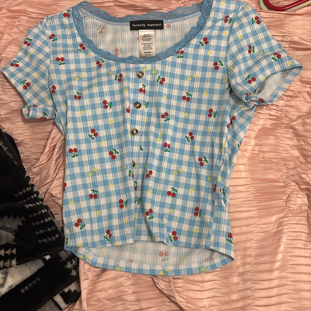 Blue and white checker with cherries and yellow flowers and buttons size medium